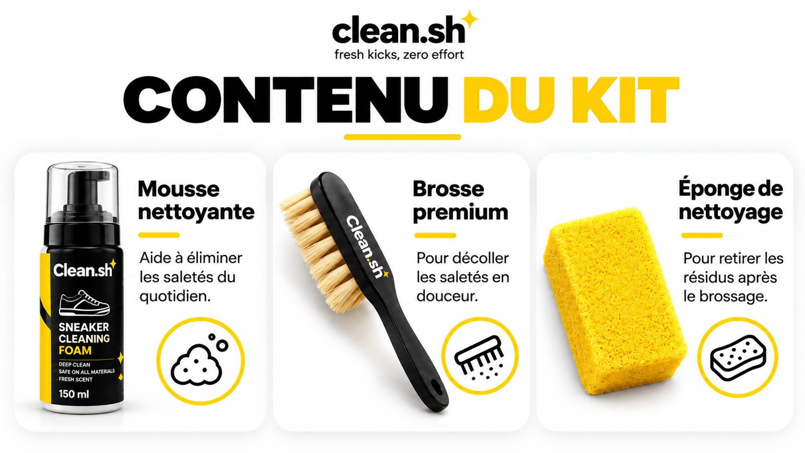 Contenu du kit Clean.sh : mousse nettoyante, brosse premium et éponge de nettoyage